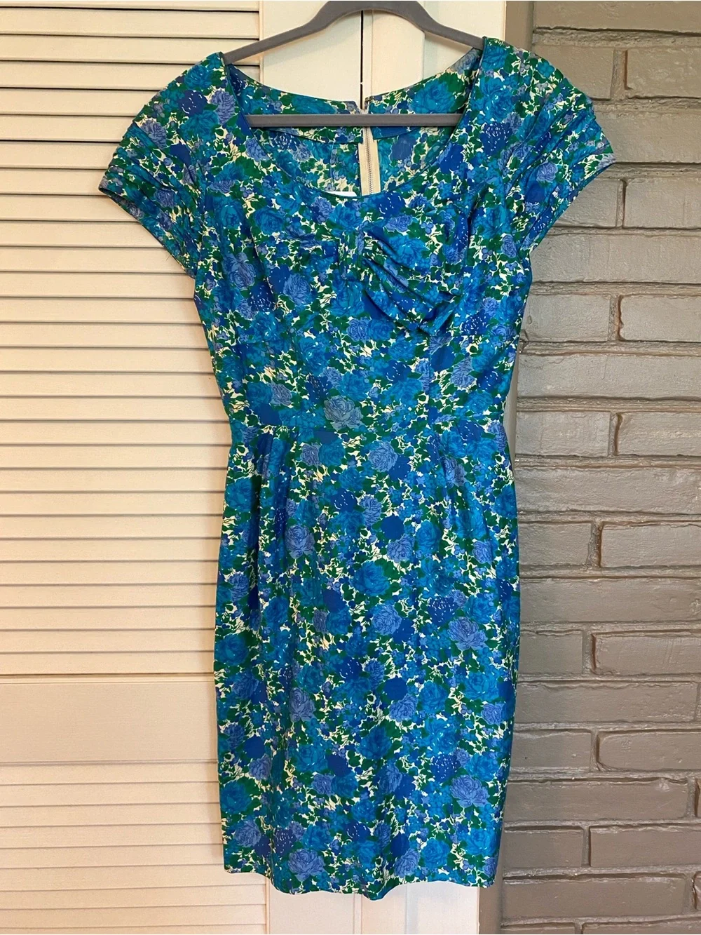 Vintage Blue & Green Floral Cap-Sleeve Sheath Dress 50’s 60’s - Picture 2 of 8